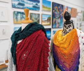 Hand Made Crochet Shawls displayed inside the Tilligerry Arts Group Gallery in Lemon Tree Passage.